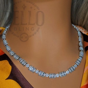 8mm 20&quot; Flower Tennis Silver Chain Necklace, Iced Prong Handset Cz Diamond Tennis Choker Chain, Ice Out Tennis Necklace, Men Women Jewelry