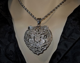 Silver Tiger Pendant Necklace - Bold Statement Jewelry, Fierce Design, Hip Hop Bling, Animal Jewelry, Jungle Theme, Crystal Accents