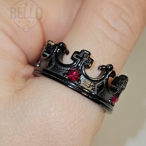 Solid Crown Ring in Black Stainless Steel - Regal King's Crown Red Stone Ring, Royal Jewelry, Gift For Him Biker Gothic Punk Head Crown Ring