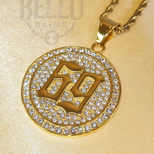 Bling &quot;69&quot; Pendant - Gold-Finish, Pave CZ Stones, Iced Out, Trendy Hip Hop Jewelry, Statement Necklace, Urban Fashion, Streetwear Jewelry