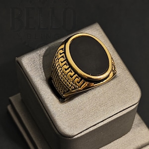 Men&#39;s Gold Black Signet Ring, Pinky Stainless Steel Oval Black Gemstone Comfort Fit Band Ring, Wedding Ring, Statement Ring, Boyfriend Gift