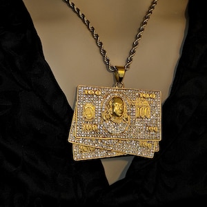 Gold 100 Bill Pendant Necklace - Hip Hop, Money Necklace, Bling Pendant, Iced Out Necklace, High-Quality, Luxury Fashion, Flashy Style