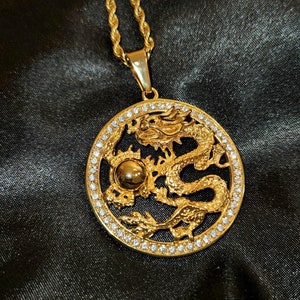 Gold Chinese Dragon year Pendant Necklace, Hypoallergenic, Asian-Inspired Jewelry, Dragon Charm, Gold Dragon Chinese Mythology Charm Jewelry