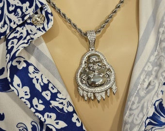 Iced Out Crystal Buddha Pendant Necklace - Stainless Steel Hip Hop Jewelry