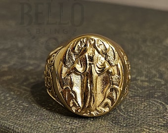 Our Lady of Grace Ring – Gold-Tone Catholic Signet, Religious Statement Jewelry