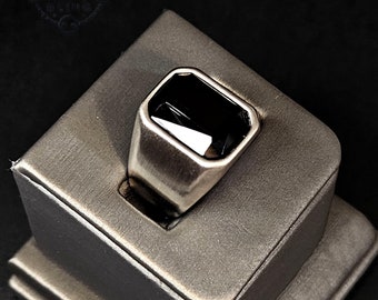 Zilveren zwarte onyx zegelring heren, roestvrijstalen vierkante zwarte edelsteen comfort fit bandring, trouwring, statementring, cadeau voor hem