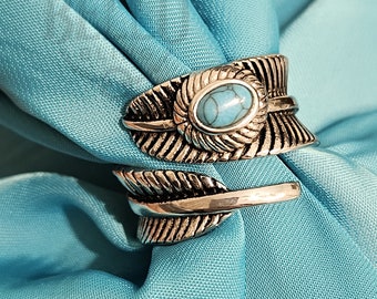 Silver Feather Turquoise Ring: Adjustable Boho Wrap Ring