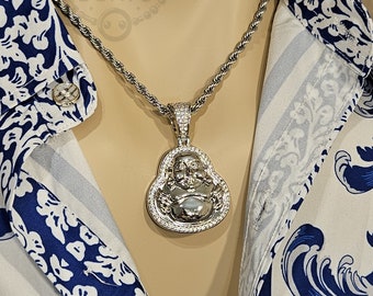 Silver Laughing Buddha Pendant Necklace: Stainless Steel Crystal Medallion