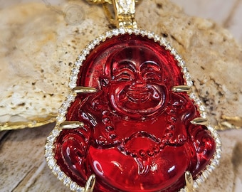 Red Buddha Pendant Necklace: Stainless Steel Chain, White Gold-Toned Metal