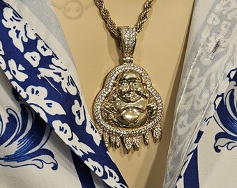 Gold Buddha Pendant Necklace: Rhinestone Crystal Stainless Steel