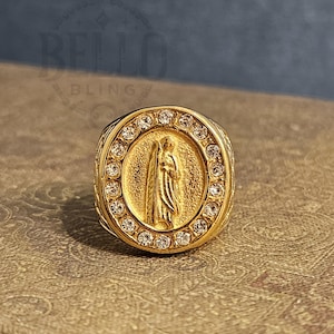 Gold San Judas Thaddeus Ring CZ Diamond Ring | Catholic Religious Jewelry | Men&#39;s Saint Jude Ring | Men&#39;s Anillo de San Judas Tadeo Ring