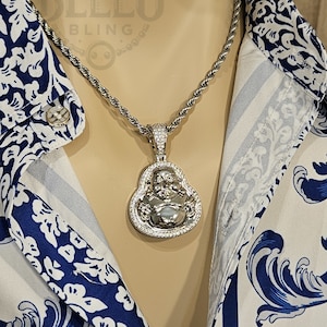 Silver Laughing Buddha Pendant Necklace | Spiritual Good Luck Medallion with Crystals | Elegant Jewelry | Available in Various Chain Sizes