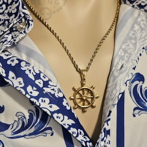Gold Ship Wheel Pendant Necklace - Nautical Charm, Marine-Inspired Jewelry, Elegant Statement Piece, Perfect Gift for Sea Lovers