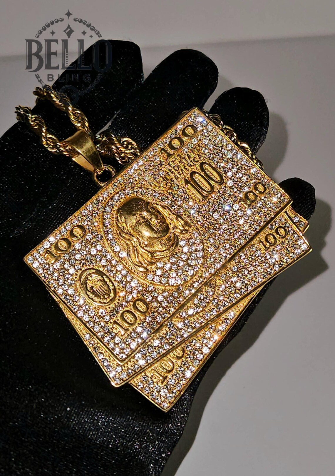 Gold 100 Bill Pendant Necklace - Hip Hop, Money Necklace, Bling Pendant ...
