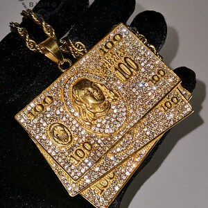 Gold 100 Bill Pendant Necklace - Hip Hop, Money Necklace, Bling Pendant ...
