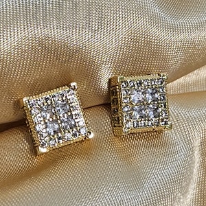 Orecchini a bottone quadrati in oro 14k con diamanti e zirconi scintillanti, gioielli ipoallergenici, orecchini per lui, orecchini in argento sterling 925, gioielli da uomo