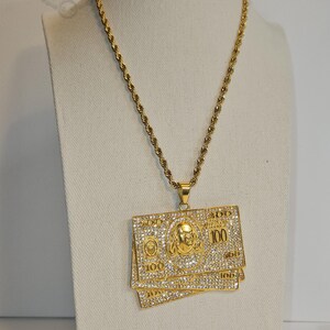 Gold 100 Bill Pendant Necklace - Hip Hop, Money Necklace, Bling Pendant ...