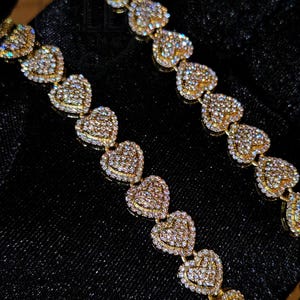 8mm 20&quot; Heart Flower Gold Chain Necklace, Iced Prong Handset Cz Diamond Tennis Choker Chain, Ice Out Men Women Tennis Jewelry, Heart Chain