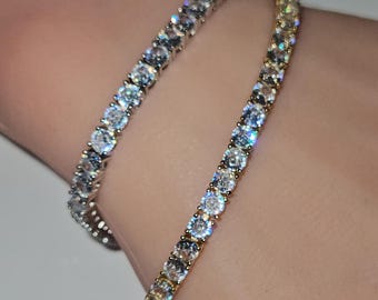 14k Gold Silver Tennis Chain Bracelet, Iced Prong Handset 4mm Cz Diamond Tennis Hand bangle Bracelet, Men's Women Diamond Tennis Jewelry