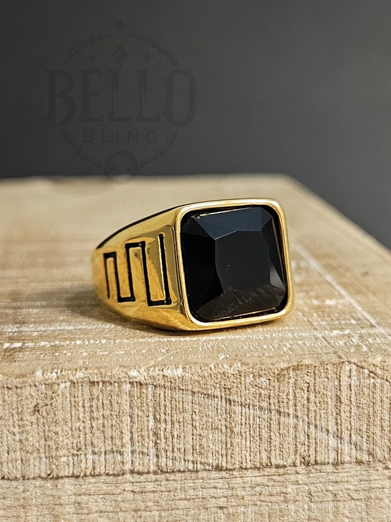 14k Gold Black Onyx Ring | Men's Square Onyx Gemstone Rings