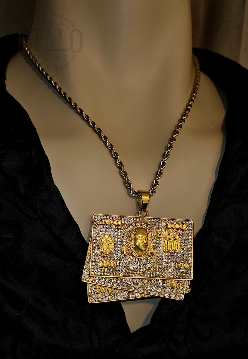 Gold 100 Bill Pendant Necklace - Hip Hop, Money Necklace, Bling Pendant ...