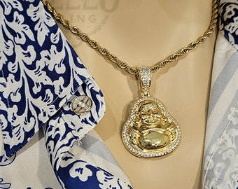 Gold Laughing Buddha Pendant Necklace: Stainless Steel Crystal Medallion