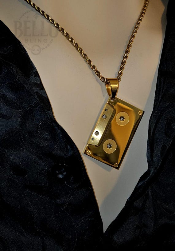 Gold Cassette Tape Pendant Necklace Retro Music Jewelry, Hip-hop
