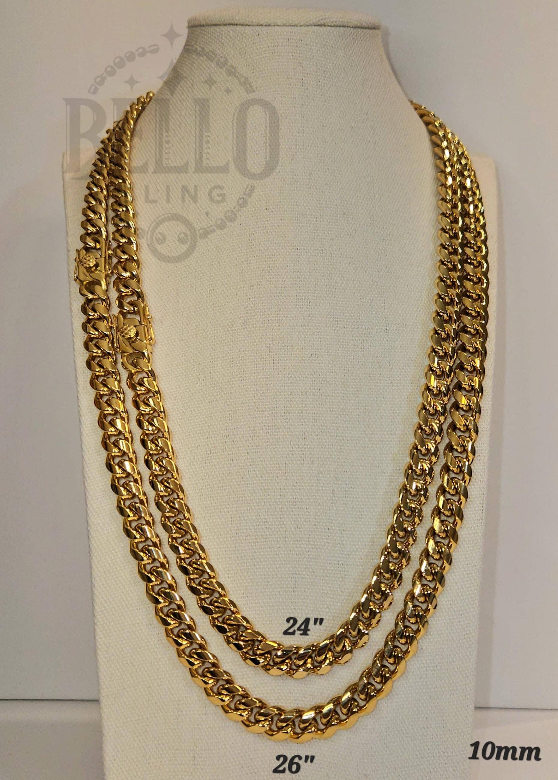 10mm Miami Cuban Curb Link Chain Necklace, 14k Gold Stainless 