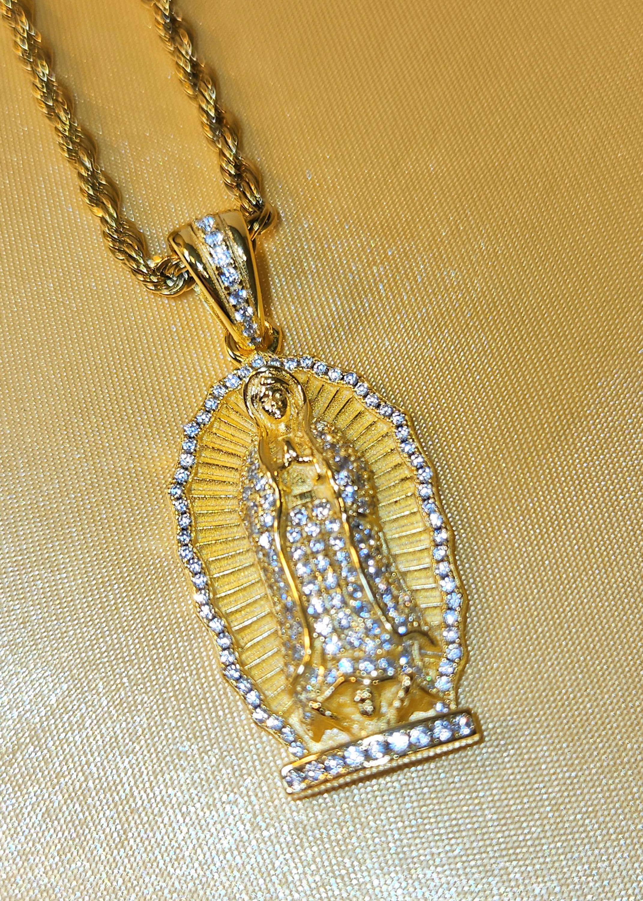 14k Gold Sterling Silver Iced Out Guadalupe Pendant – Silver Virgin ...