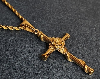 Gold Cross Necklace: Stainless Steel Rose Vine Pendant
