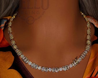 8mm 20" Flower Tennis Gold Icy Chain Necklace, Iced Prong Handset Cz Diamond Tennis Choker Chain, Ice Out Tennis Necklace, Men Women Jewelry