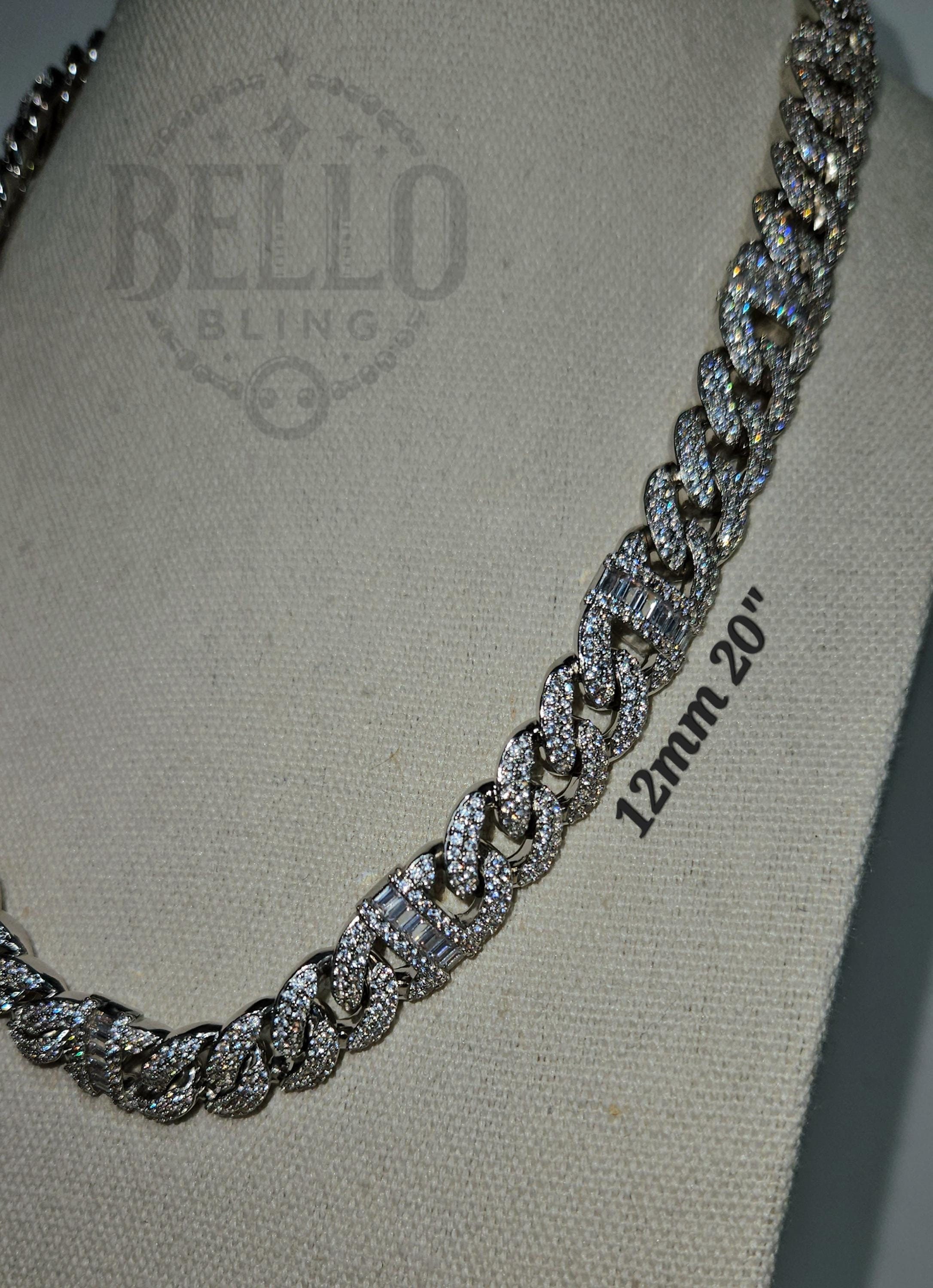 12mmバゲットマイアミキューバンリンクチェーンネックレス、14K