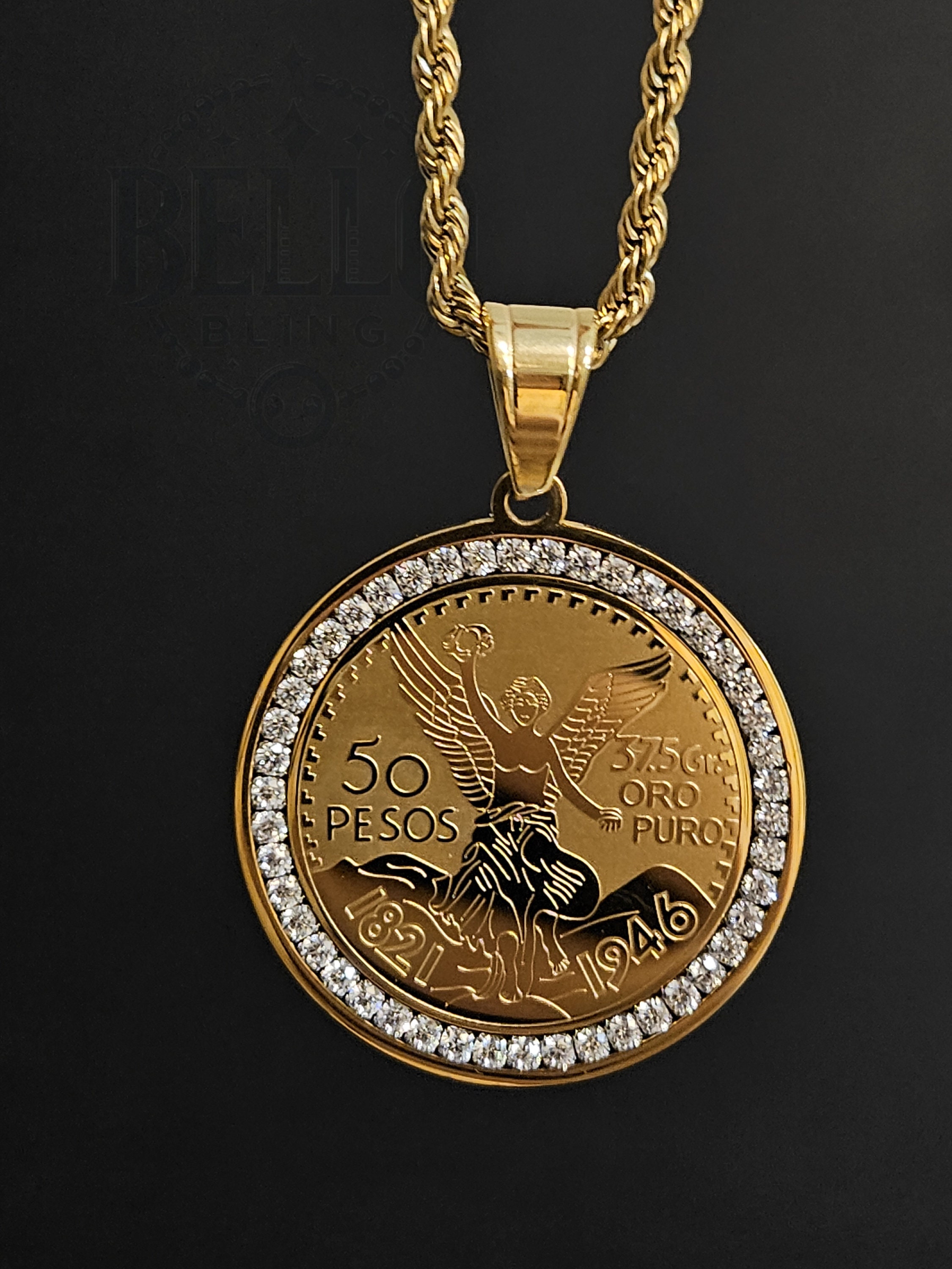 Gold Mexican 50 Pesos Coin Pendant Necklace: Crystal Medallion - Etsy