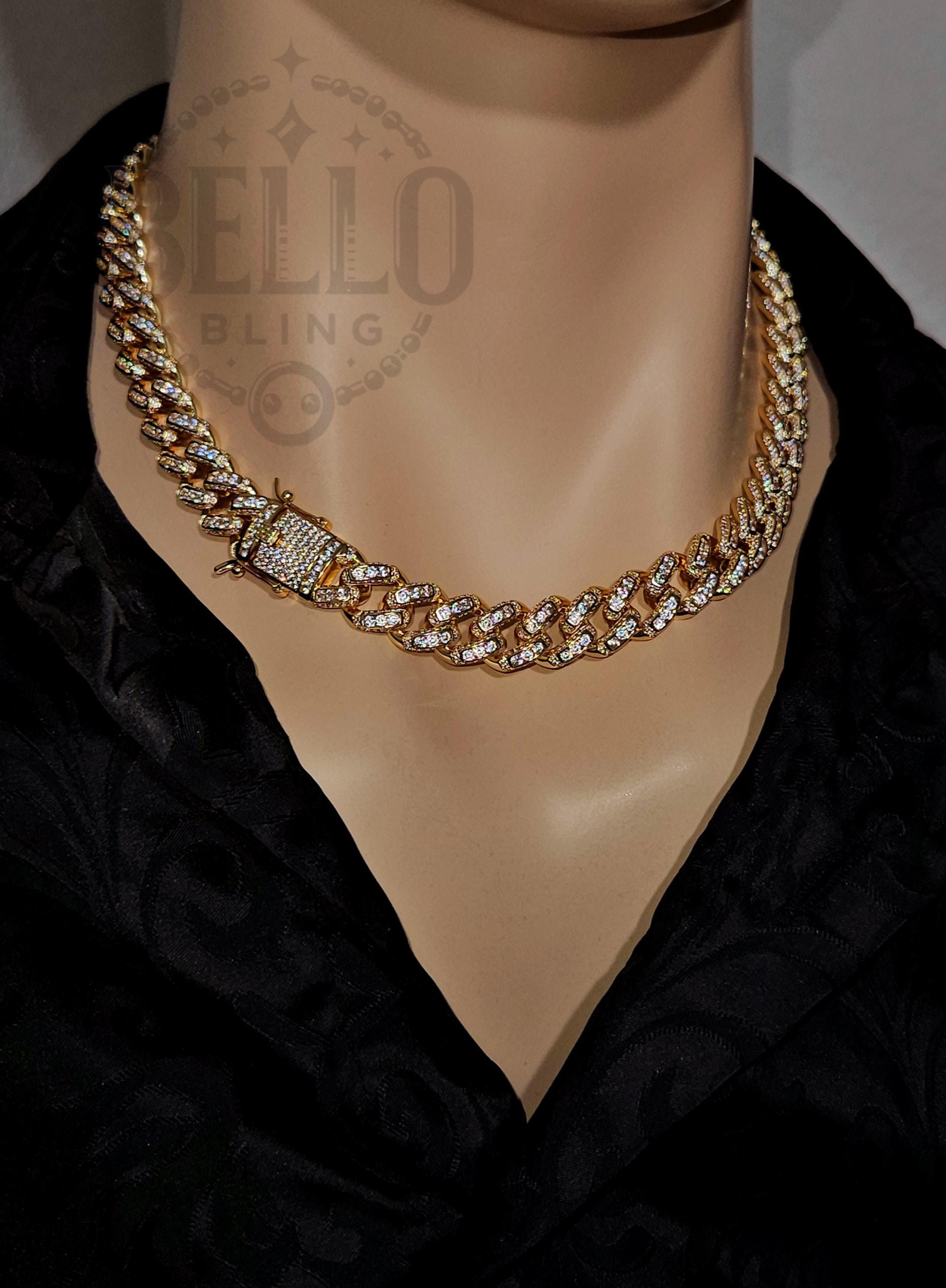 12mm Round Stones Miami Cuban Link Chain Necklace, 14k Gold Finish Iced…