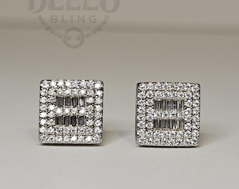 Orecchini A Vite Per Uomo Orecchini A Borchie Quadrati Per Uomo Con Cz - Placcati Oro Bianco 14k, Chiusura A Vite (Screw Back) Orecchini Donna Argento 925 - Foto 8