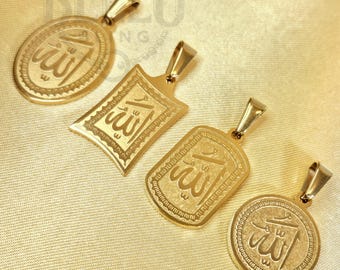 Colección de colgantes de Alá: joyería islámica con acabado dorado, caligrafía árabe, protección espiritual, símbolo islámico, joyería musulmana, regalo de Eid
