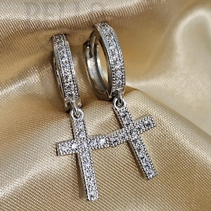 Pendientes de aro con cruz colgante, pendientes colgantes con cruz, pendientes colgantes, pendientes para hombre, pendientes de plata de ley 925, pendientes de diamantes con Jesús