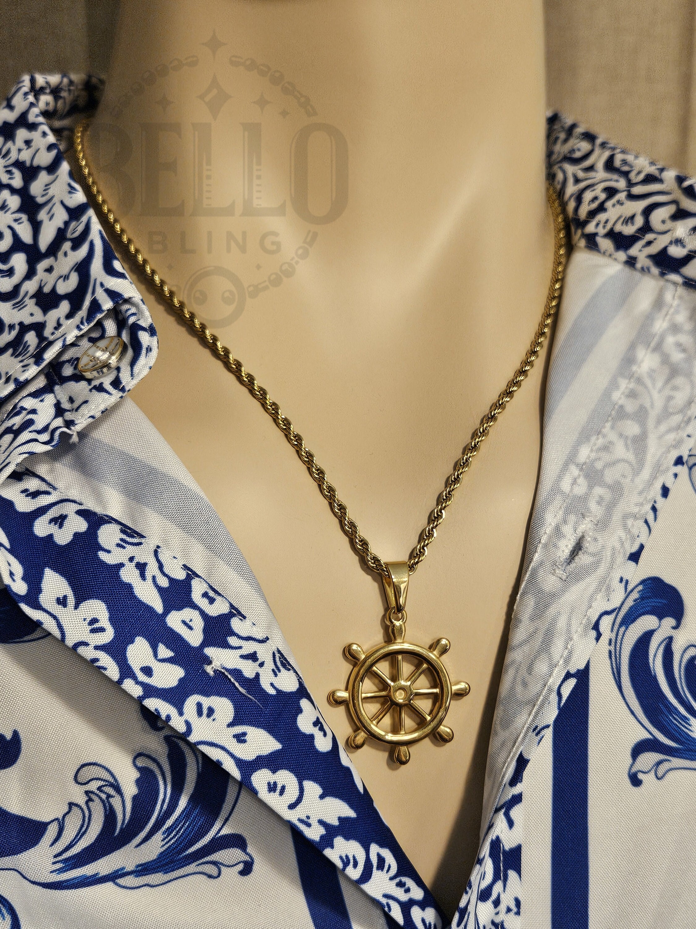 Gold Ship Wheel Pendant Necklace - Nautical Charm, Marine-Inspired Jewelry, Elegant Statement Piece, Perfect Gift for Sea Lovers