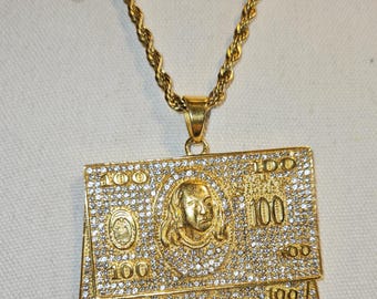 Gold 100 Bill Pendant Necklace - Hip Hop, Money Necklace, Bling