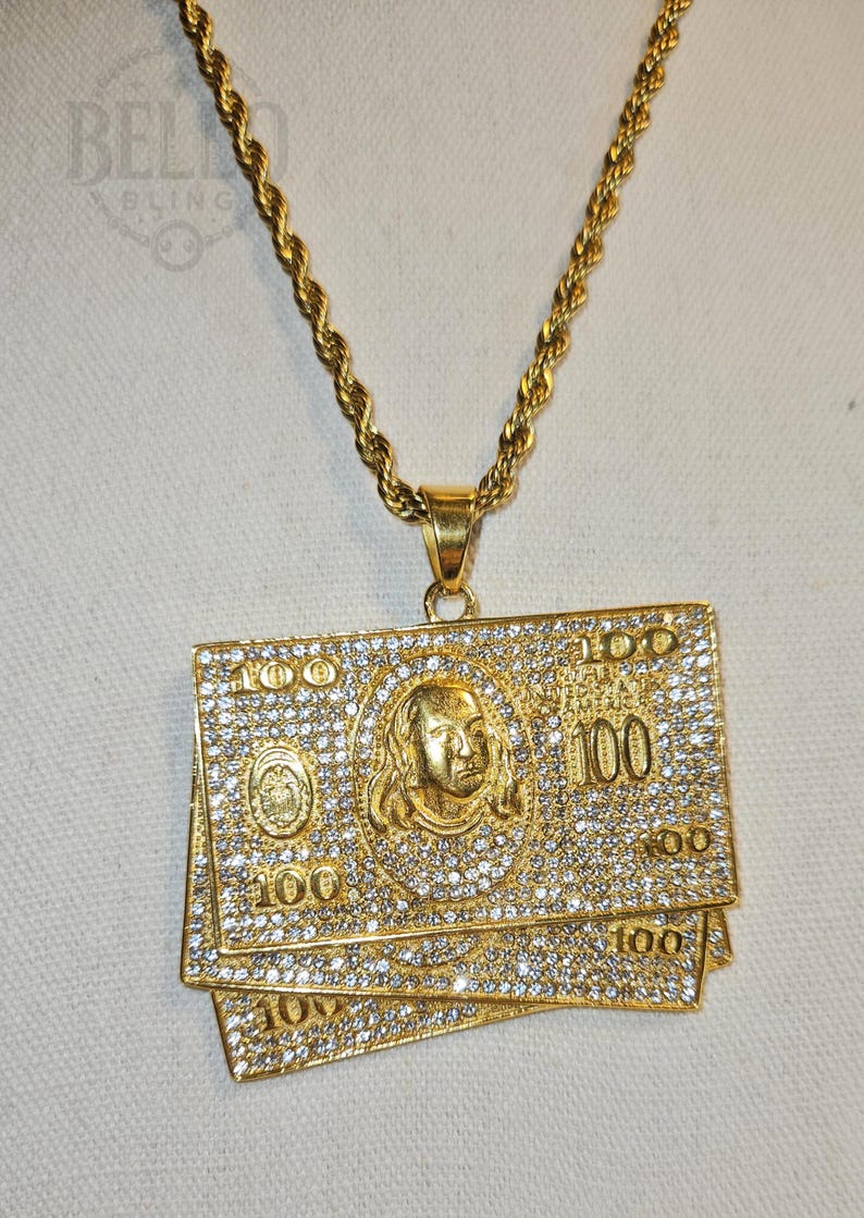 Gold 100 Bill Pendant Necklace - Hip Hop, Money Necklace, Bling Pendant ...