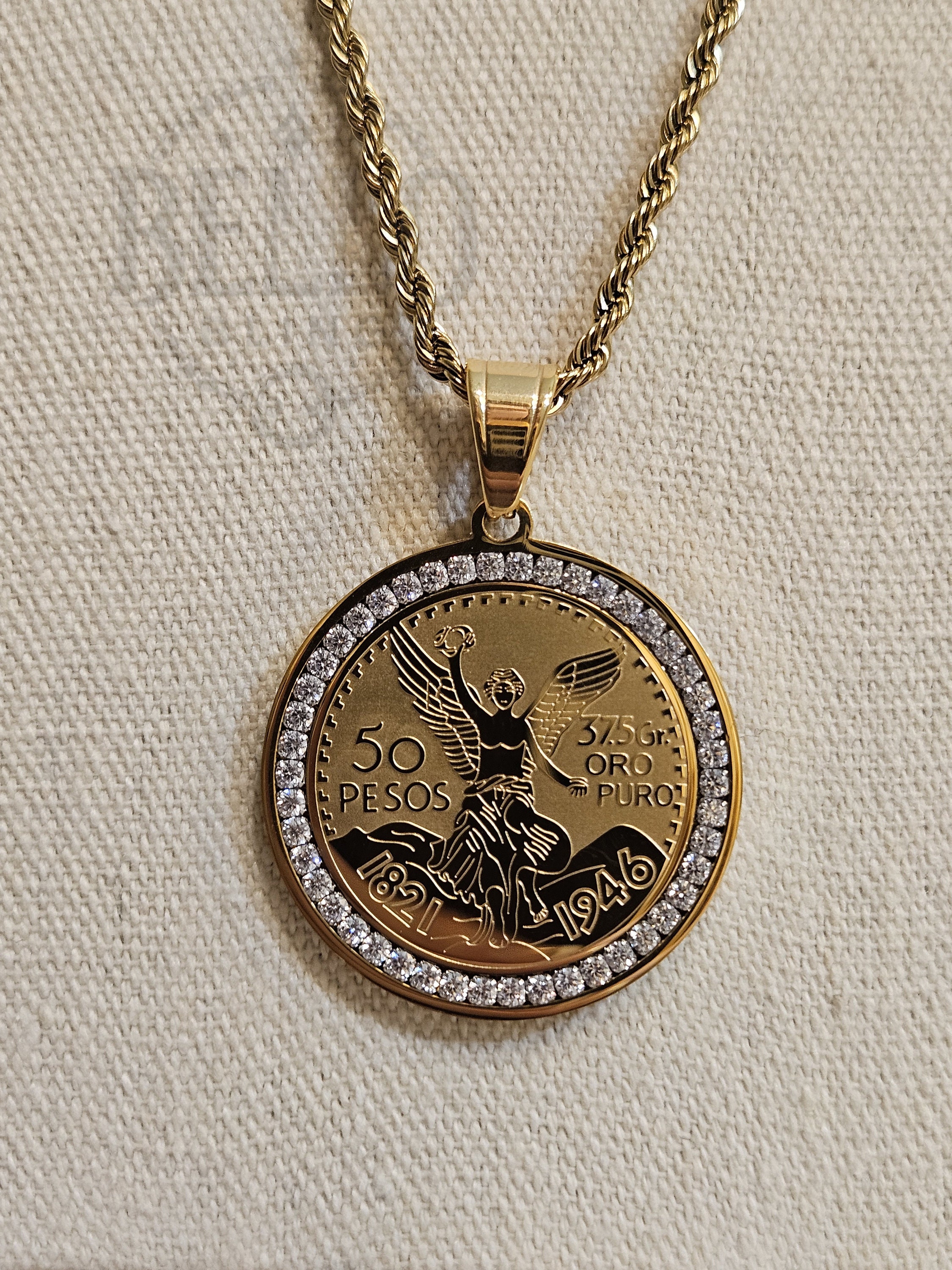 Gold Mexican 50 Pesos Coin Pendant Necklace: Crystal Medallion - Etsy