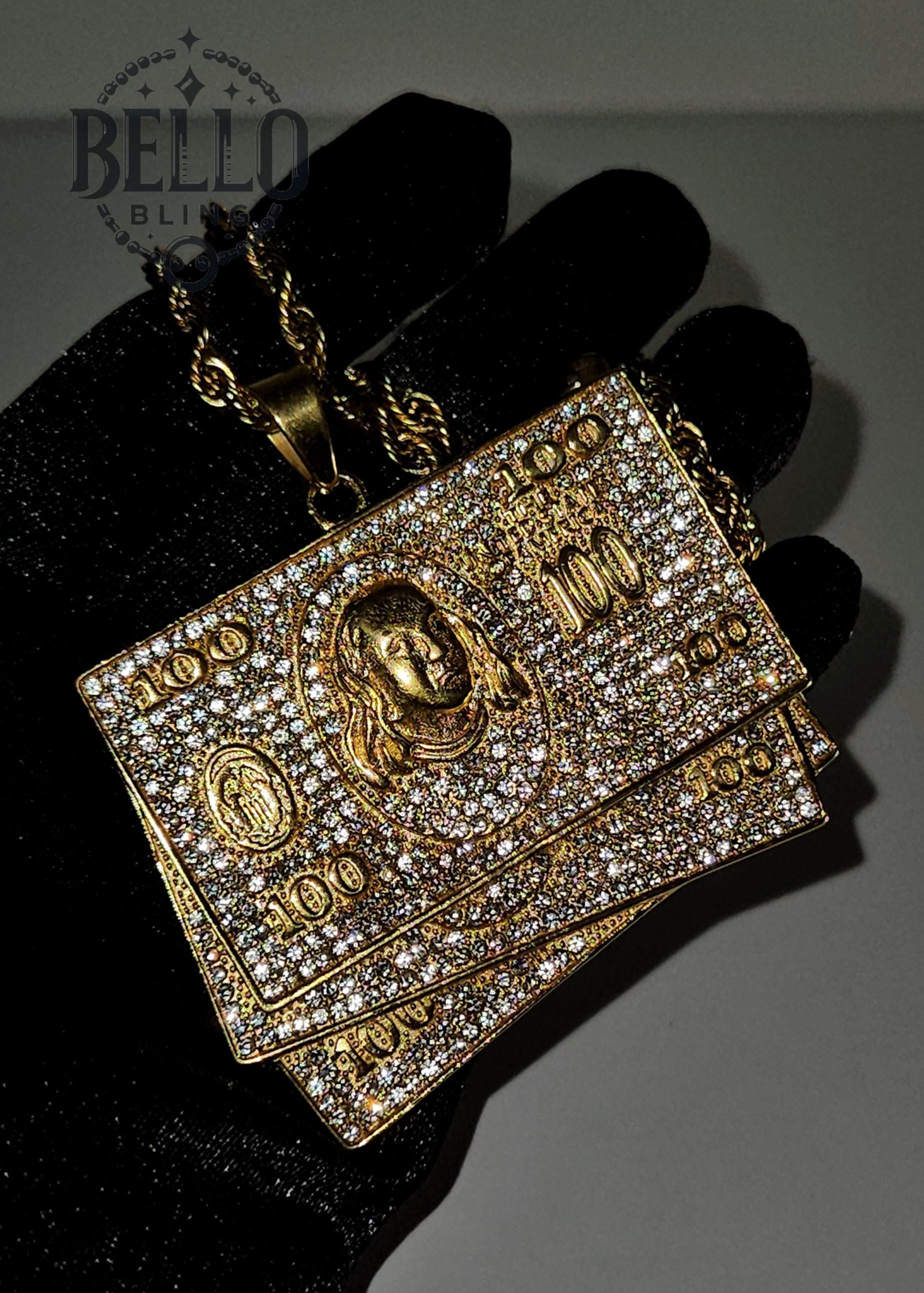 Gold 100 Bill Pendant Necklace - Hip Hop, Money Necklace, Bling Pendant ...