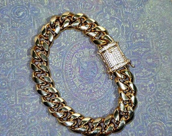 Bracciale a maglie cubane Miami in oro 14k con diamanti e zirconi cubici, chiusura a scatola, 12 mm, 8" in acciaio inossidabile massiccio con rivestimento in oro PVD, antiossidante, impermeabile