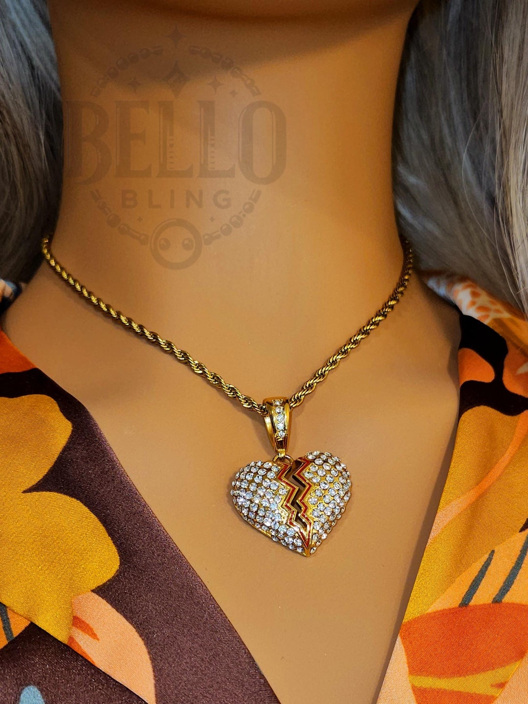 Broken Heart Pendant, Gold-finish, Iced Out, Red Detailing