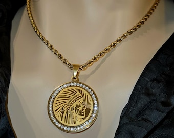Gold Native Chief Pendant Necklace - Tribal Jewelry, Crystal Accents, Indigenous Symbolism, Ethnic Fashion, Heritage, Cultural Jewelry