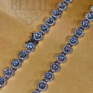 7mm 20&quot; Flower Tennis Silver Chain Necklace, Iced Prong Handset Cz Diamond Tennis Choker Chain, Ice Out Tennis Necklace, Men Women Jewelry