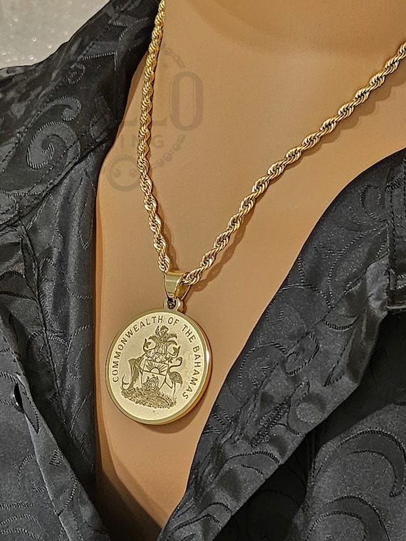 Gold Bahamas Coin Pendant Necklace: Stainless Steel Medallion Necklace  length: 18 Inches
