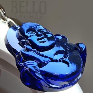 Collier Bouddha bleu : chaîne en acier inoxydable, finition rhodiée