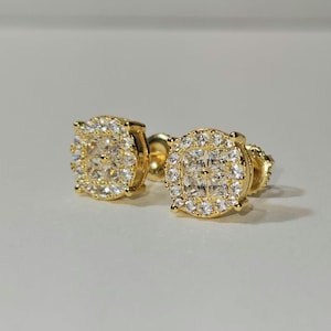 14k Gold Round Flower Stud Earrings - Sparkling CZ Men&#39;s Earring, Studs Screwback earrings, Men&#39;s Sterling Silver Earrings Jewelry