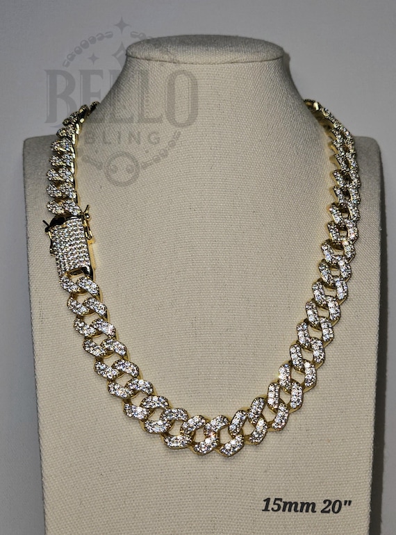 15mm Miami Cuban Link Chain Necklace, 14k Gold Finish Prong Set